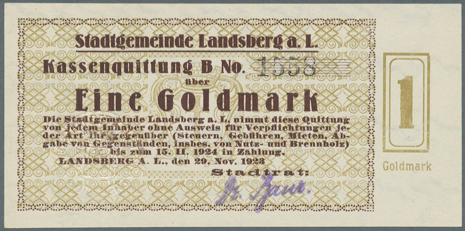 04123 Deutschland - Notgeld - Bayern: Landsberg, Stadt, 50 GPf., 1 GM, 5 GM, 10 GM, 29.11.1923, Erh. I / I-, 4 Scheine - [11] Emissions Locales