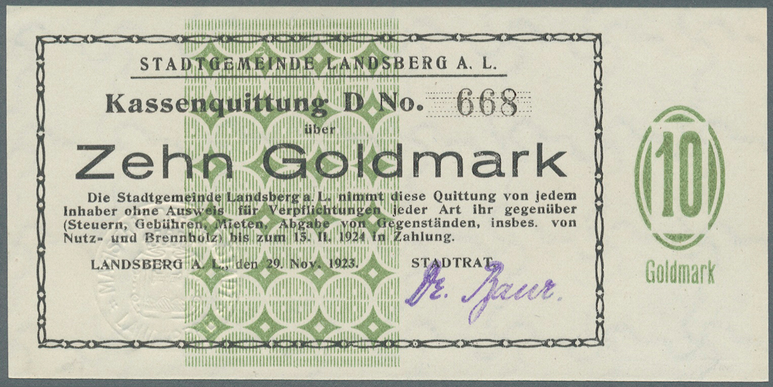 04123 Deutschland - Notgeld - Bayern: Landsberg, Stadt, 50 GPf., 1 GM, 5 GM, 10 GM, 29.11.1923, Erh. I / I-, 4 Scheine - [11] Emissions Locales