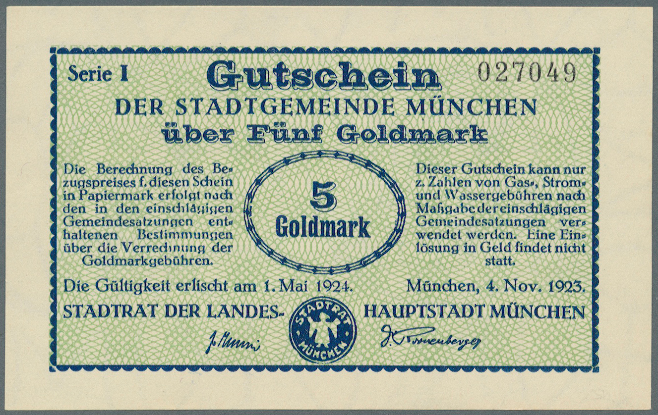 04124 Deutschland - Notgeld - Bayern: München, Stadt, 1, 2, 5 Goldmark, 4.11.1923, Erh. I, 3 Scheine - [11] Emissions Locales