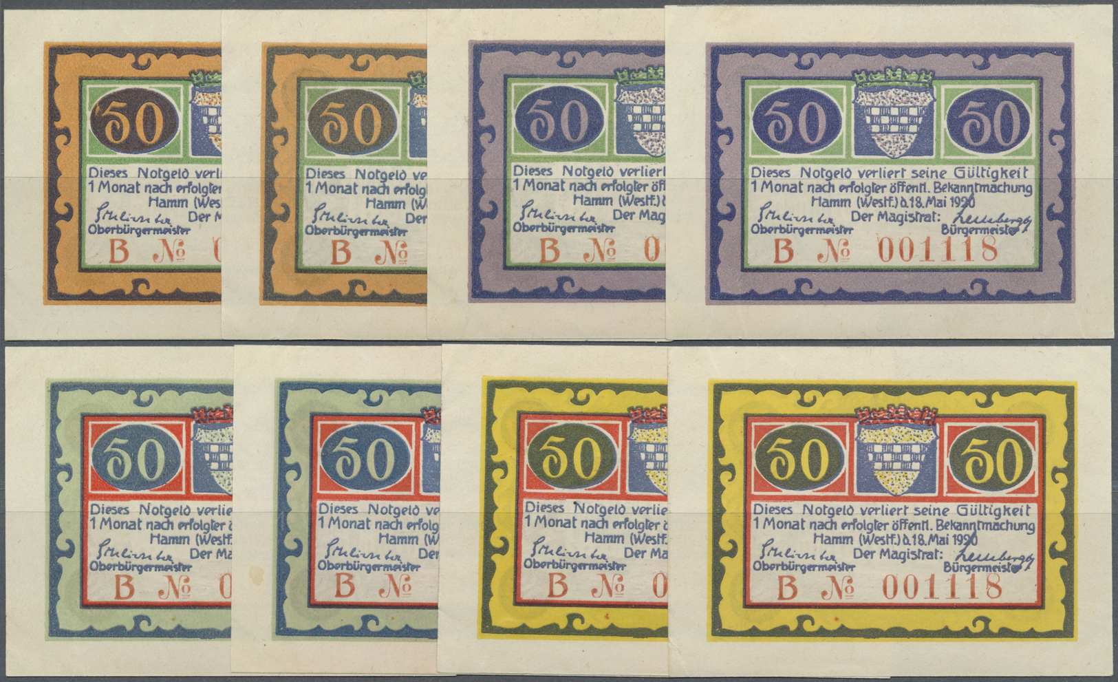 04241 Deutschland - Notgeld - Westfalen: Hamm, Stadt, 8 X 50 Pf., 1.5.1920, Serie B, Weißes Papier Mit Breitem Weißem Ra - Autres & Non Classés