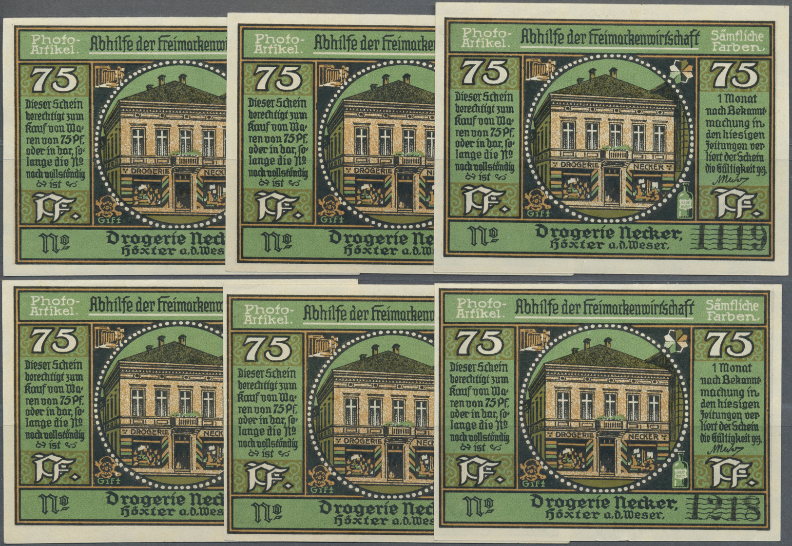 04246 Deutschland - Notgeld - Westfalen: Höxter, Drogerie Necker, 6 X 75 Pf., O. D., Mit KN, Erh. I, Total 6 Scheine - Autres & Non Classés