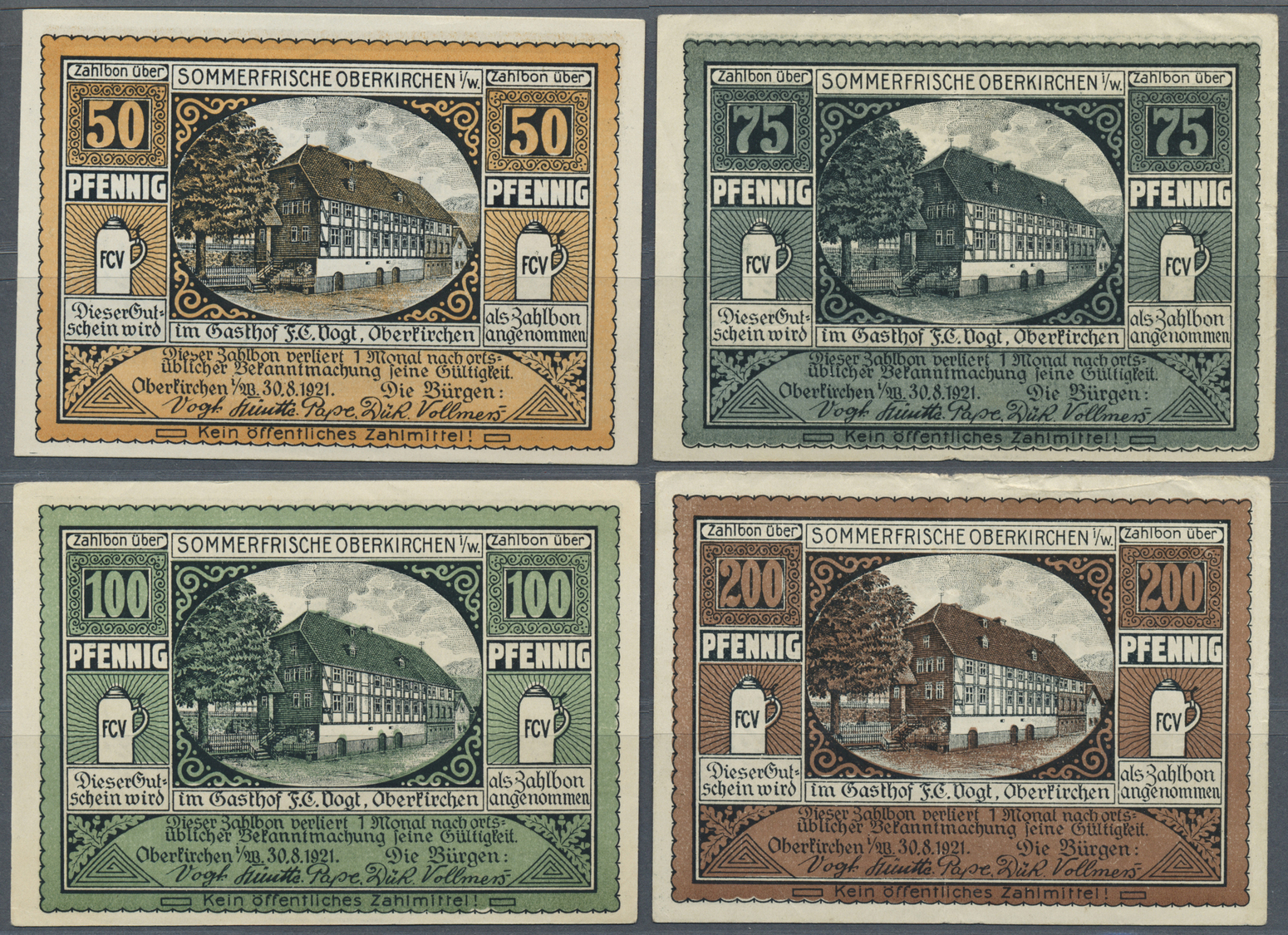 04251 Deutschland - Notgeld - Westfalen: Oberkirchen, Gasthof F. C. Vogt, 50, 75, 100, 200 Pf., 30.8.1921, Erh. I, II (2 - Autres & Non Classés