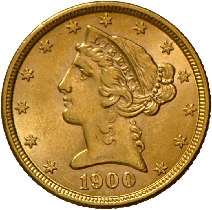 05077 Vereinigte Staaten Von Amerika - Anlagegold: 5 Dollar (Five D.) 1900 Half Eagle Coronet Head. Sehr Schön - Vorzügl - Autres & Non Classés
