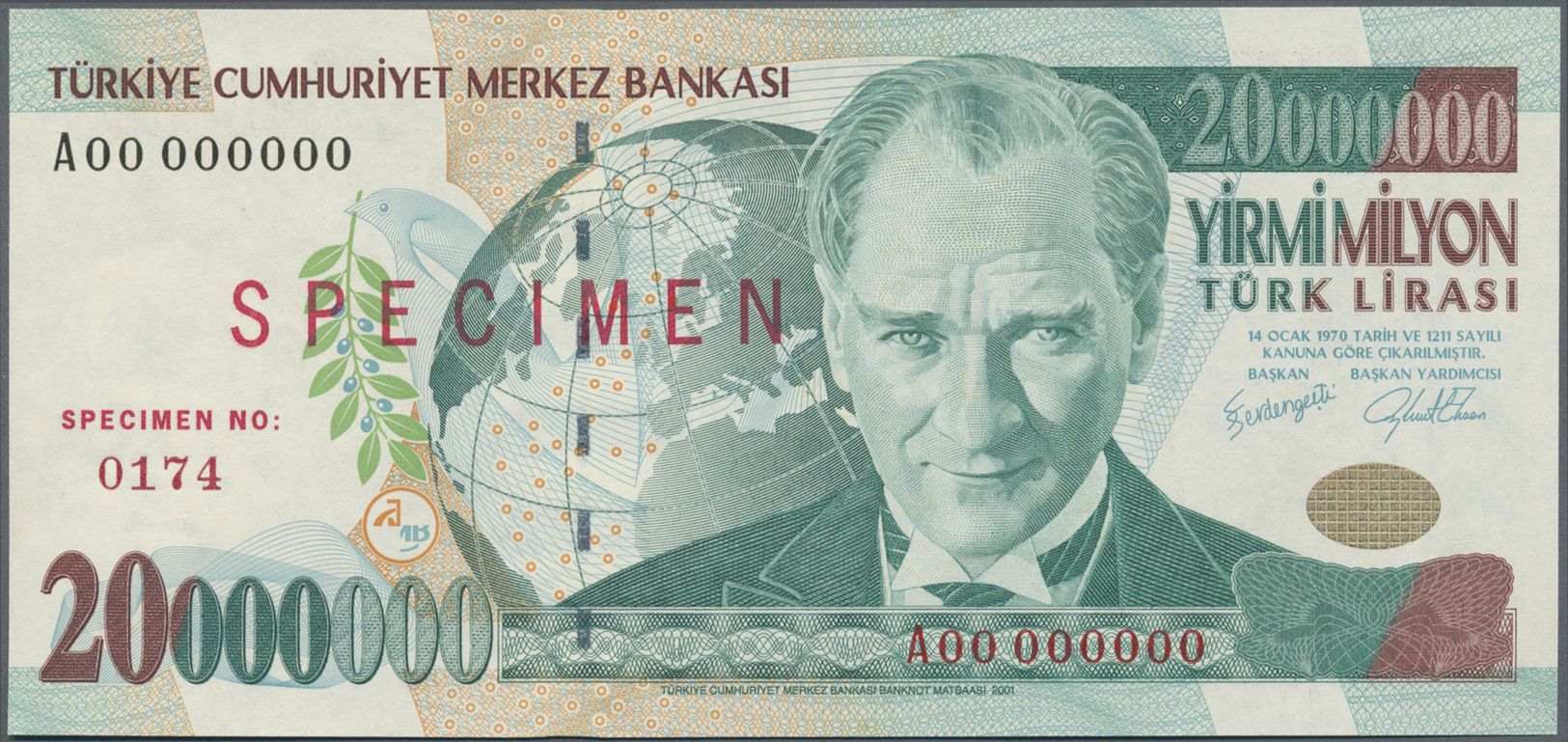 03131 Turkey / Türkei: 20.000.000 Lira ND(1984-2002) Specimen P. 215s In Condition: UNC. - Turquie