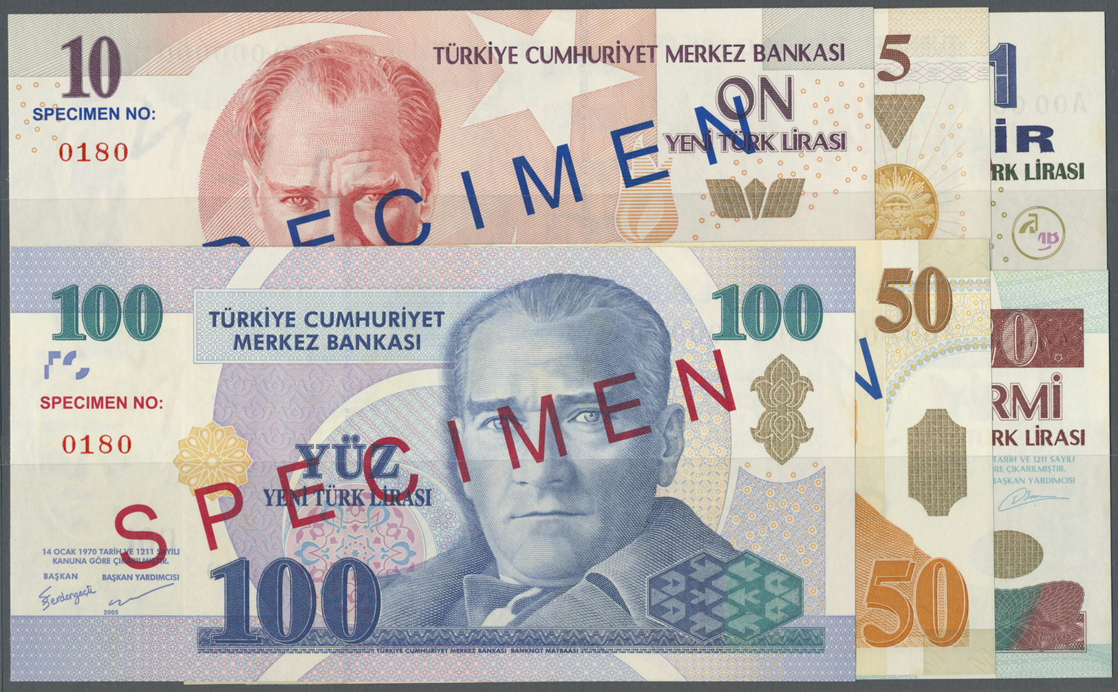 03132 Turkey / Türkei: Set Of 6 Different Specimen Notes Containing 1, 5, 10, 20, 50 And 100 Lira 2005 P. 216s-221s, All - Turkey