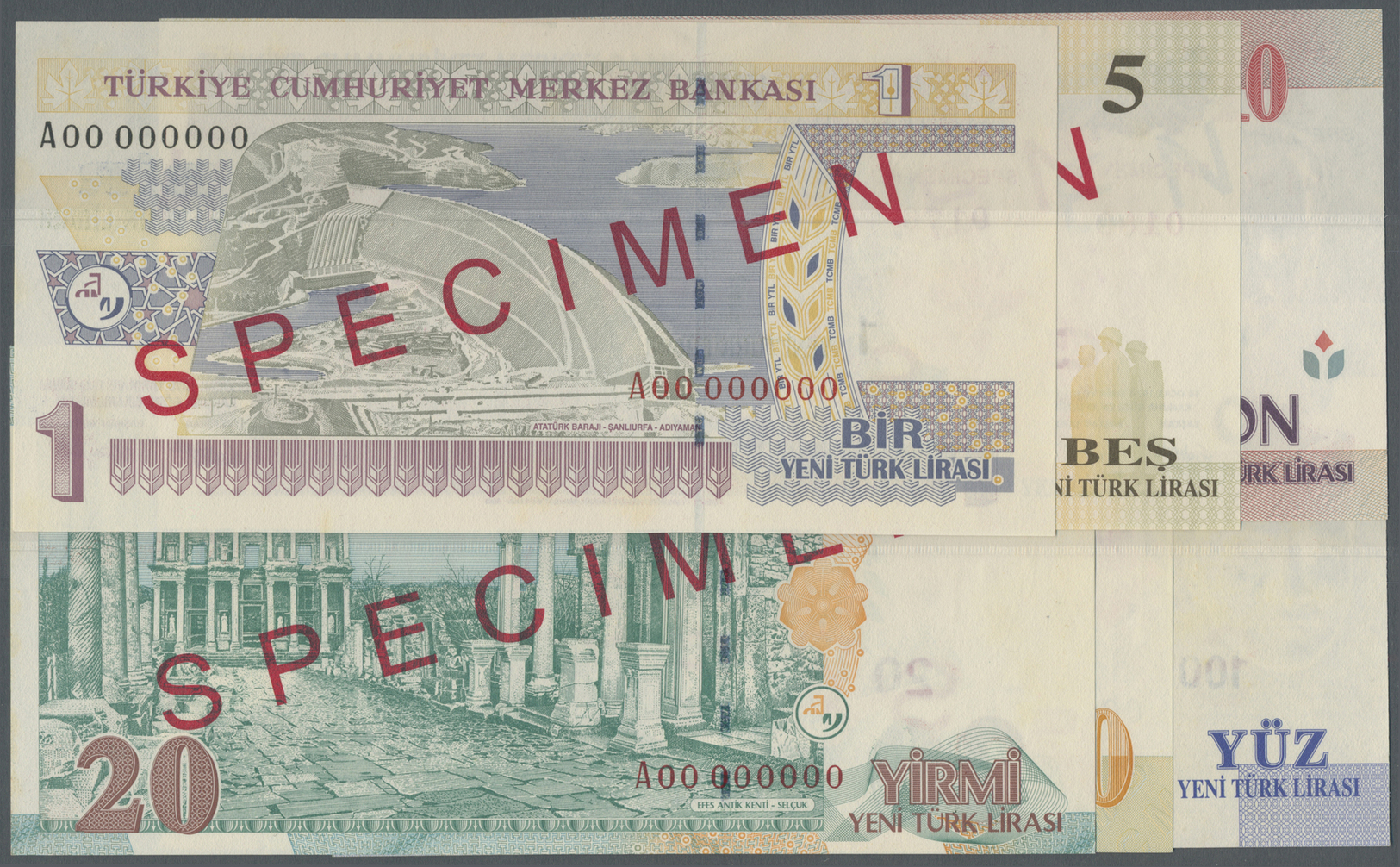 03132 Turkey / Türkei: Set Of 6 Different Specimen Notes Containing 1, 5, 10, 20, 50 And 100 Lira 2005 P. 216s-221s, All - Turkey