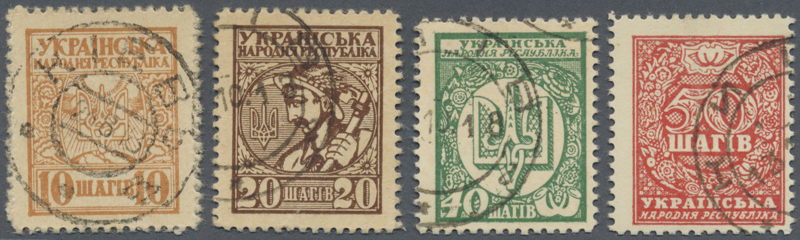 03153 Ukraina / Ukraine: Set With 10, 20, 40 And 50 Shahiv ND(1918) Stamp Money, P.7, 8, 10a, 11a, All Postally Used Wit - Ukraine