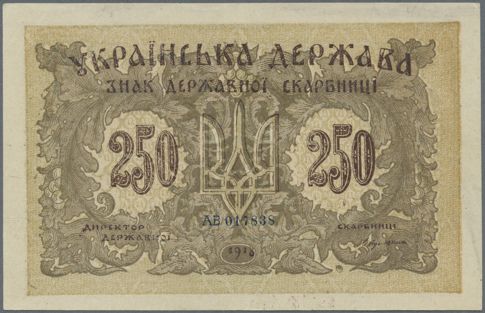03165 Ukraina / Ukraine: 250 Karbovantsiv 1918 With Small Letters, P.39b In Excellent Condition With A Very Soft Vertica - Ukraine