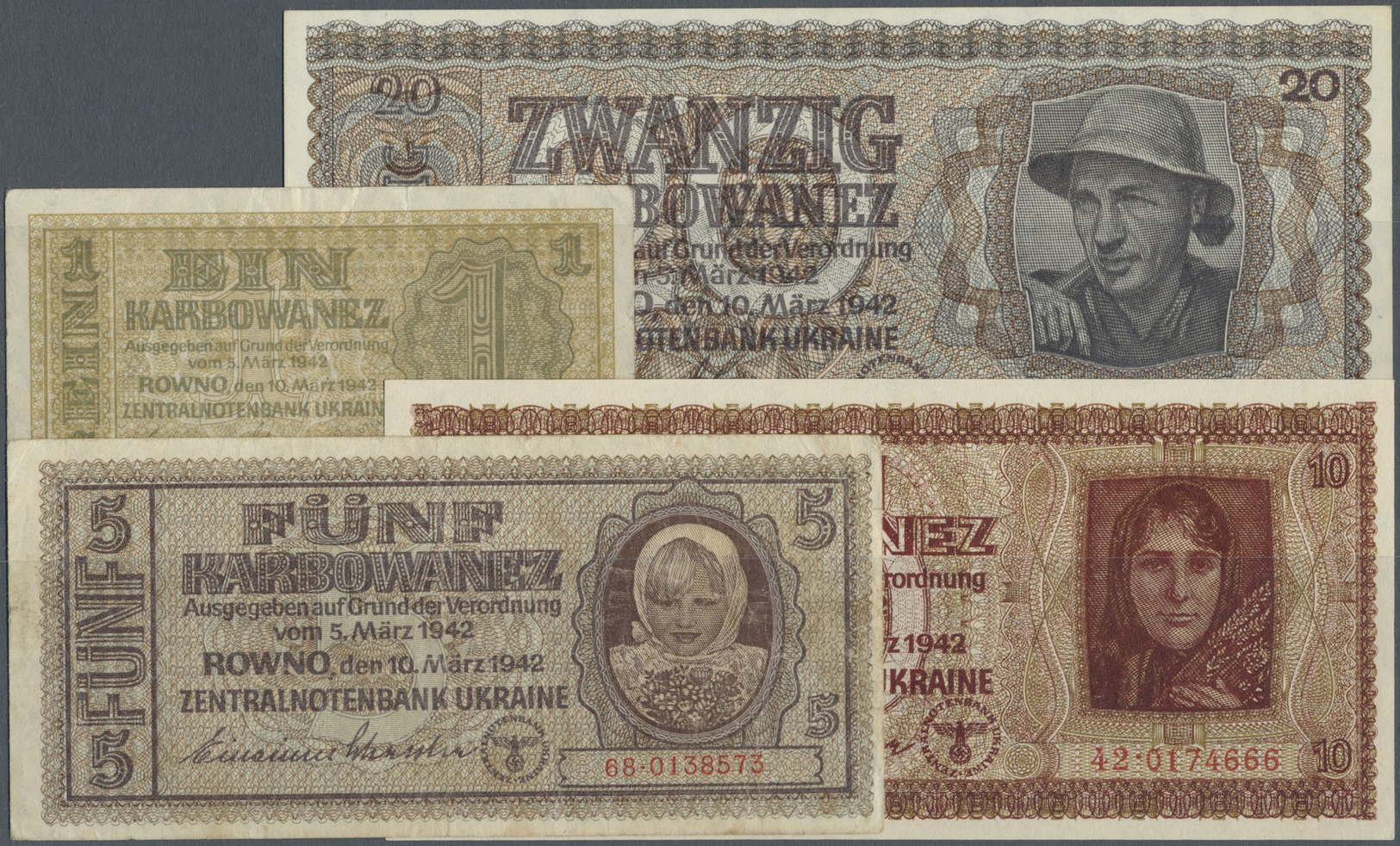 03167 Ukraina / Ukraine: Set Of 4 Banknotes Containing 1, 5, 10 And 20 Karbowanez 1942 P. 49, 51-53; The First Two In F+ - Ukraine