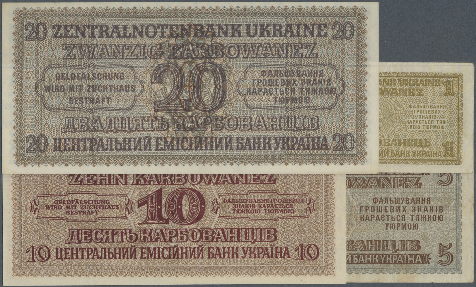 03167 Ukraina / Ukraine: Set Of 4 Banknotes Containing 1, 5, 10 And 20 Karbowanez 1942 P. 49, 51-53; The First Two In F+ - Ukraine