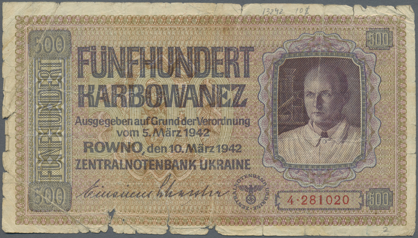 03171 Ukraina / Ukraine: 500 Karbowanez 1942 P. 57, Stronger Used With Several Folds And Border Tears, Paper Already A B - Ukraine