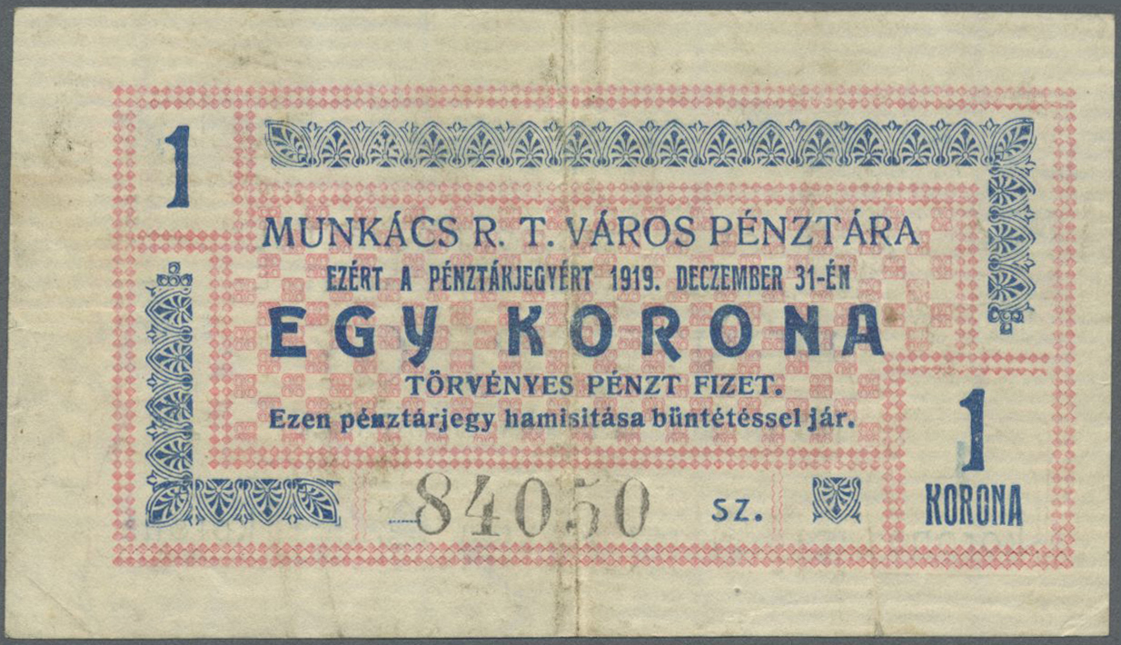 03399 Ukraina / Ukraine: A  Varosi  Tanacs  A  Varos  Munkacs, 1 Korona 1919 P. NL, Used With Vertical And Horizontal Fo - Ukraine