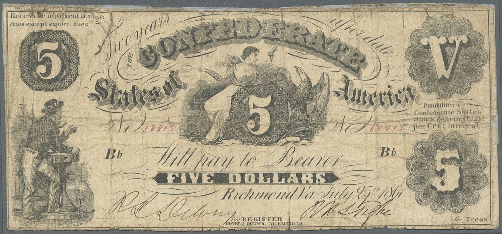 03404 United States Of America - Confederate States: 5 Dollars 1861, P.8 In Heavily Used Condition With Restored Back Si - Devise De La Confédération (1861-1864)