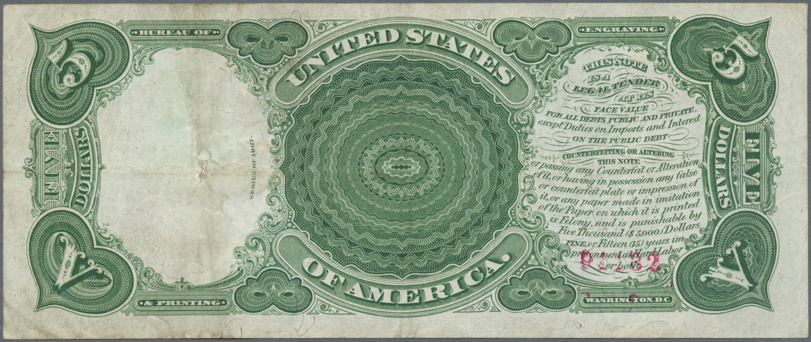 03410 United States Of America: 5 Dollars 1907 P. 186 Light Folds In Paper, Pressed, Light Stain On Back, Front Very Nic - Autres & Non Classés