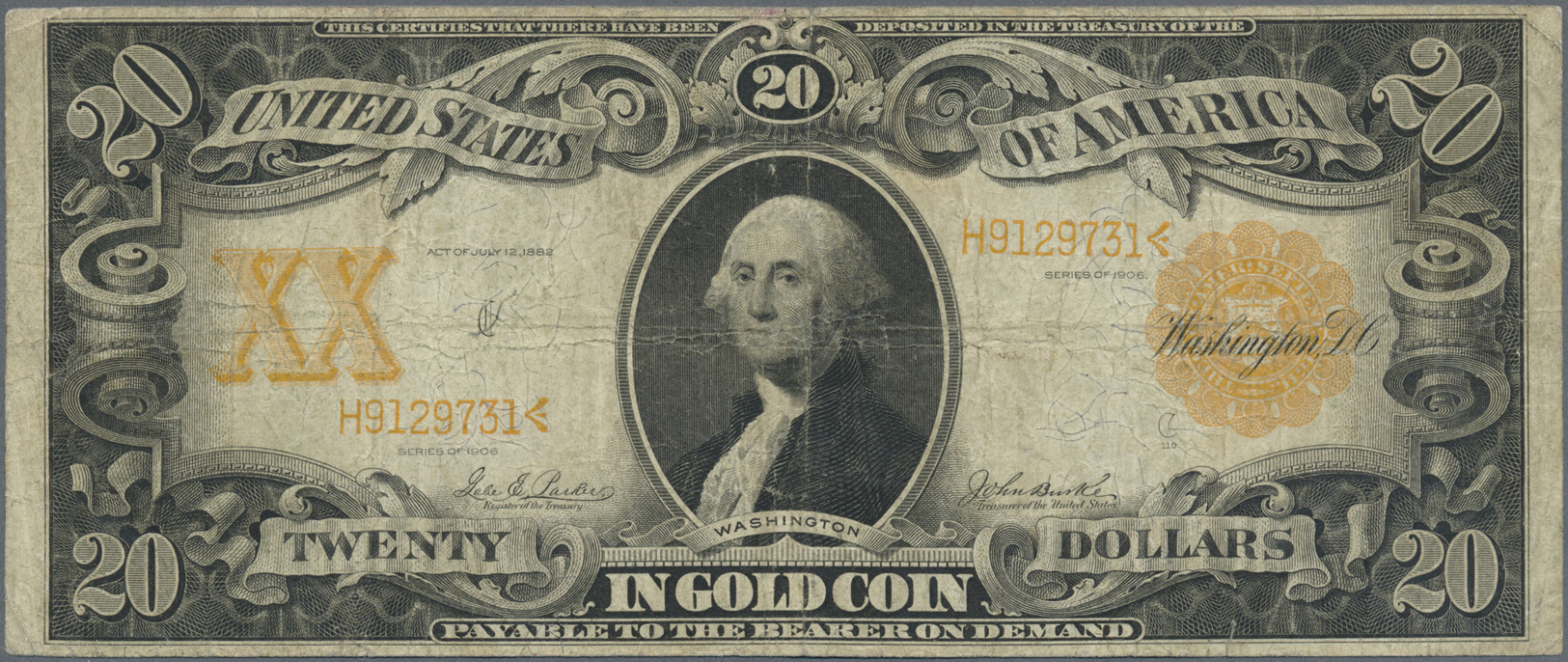 03411 United States Of America: 20 Dollars 1906 GOLD CERTIFICATE P. 270, Used With Several Folds And Creases, Stain In P - Autres & Non Classés