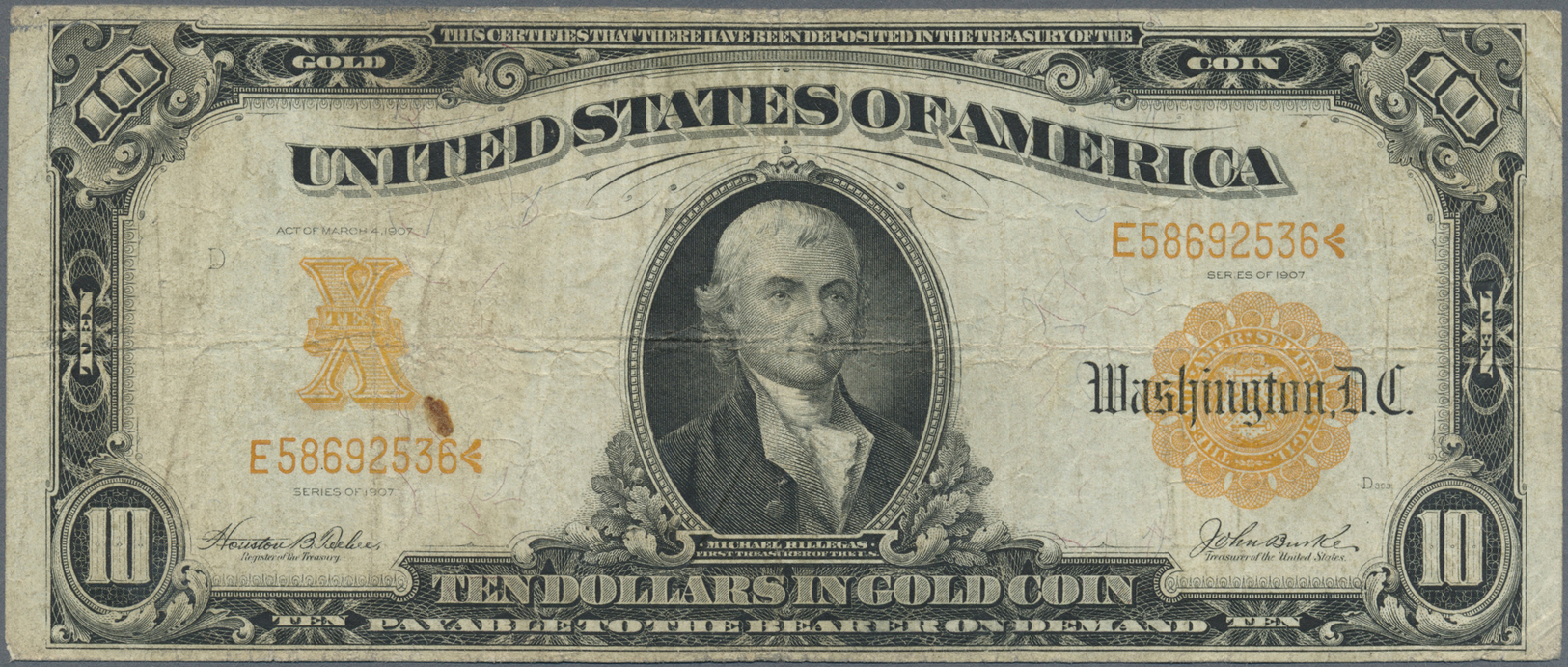 03412 United States Of America: 10 Dollars 1907 Gold Certificate P. 271, Used With Several Folds And Creases, Stain In P - Autres & Non Classés