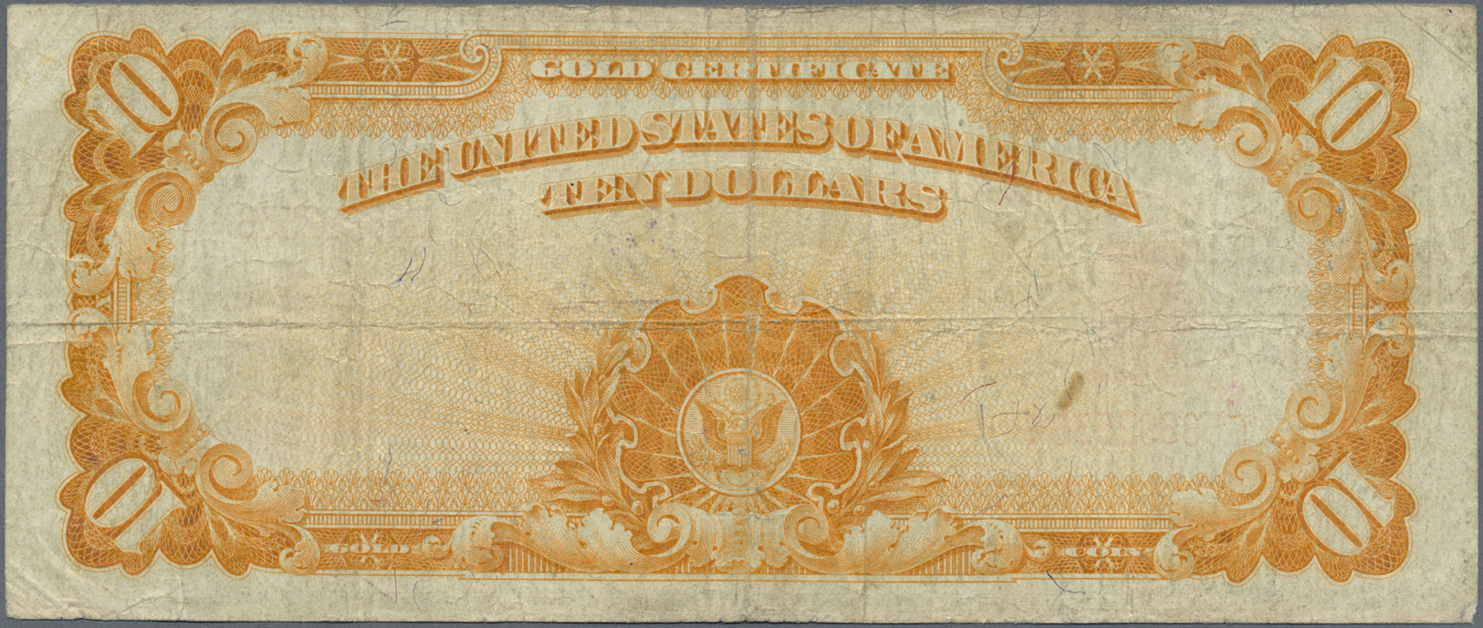 03412 United States Of America: 10 Dollars 1907 Gold Certificate P. 271, Used With Several Folds And Creases, Stain In P - Autres & Non Classés