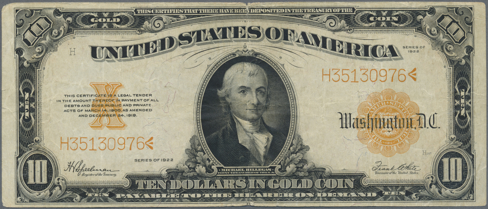 03413 United States Of America: 10 Dollars 1922 GOLD CERTIFICATE P. 274, Used With Folds And Creases, Minor Border Tears - Autres & Non Classés