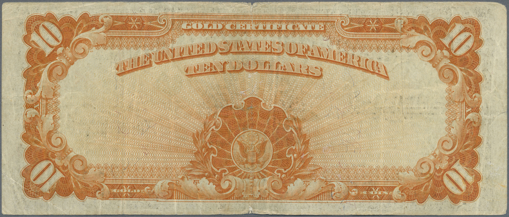 03413 United States Of America: 10 Dollars 1922 GOLD CERTIFICATE P. 274, Used With Folds And Creases, Minor Border Tears - Autres & Non Classés
