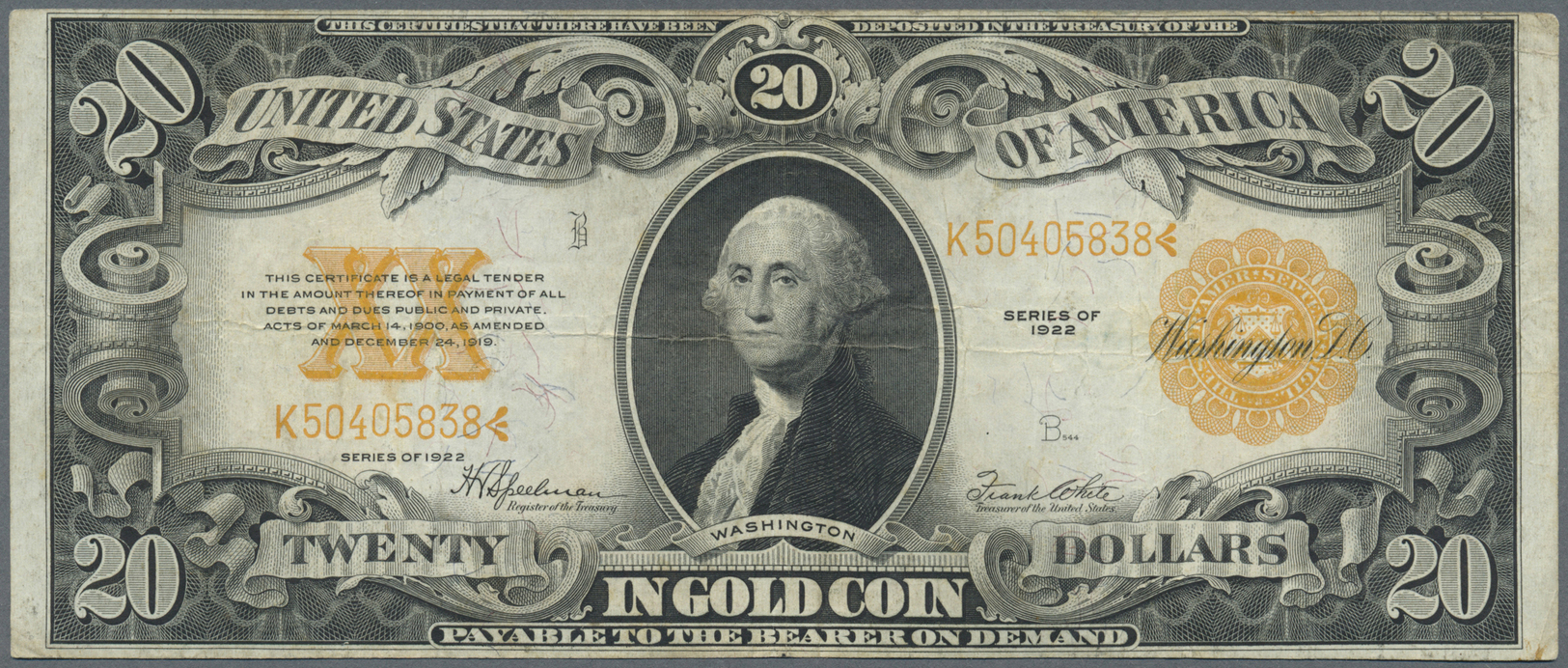 03414 United States Of America: United States Treasury 20 Dollars Gold Certificate Series 1922, P.275, Nice Used Conditi - Autres & Non Classés