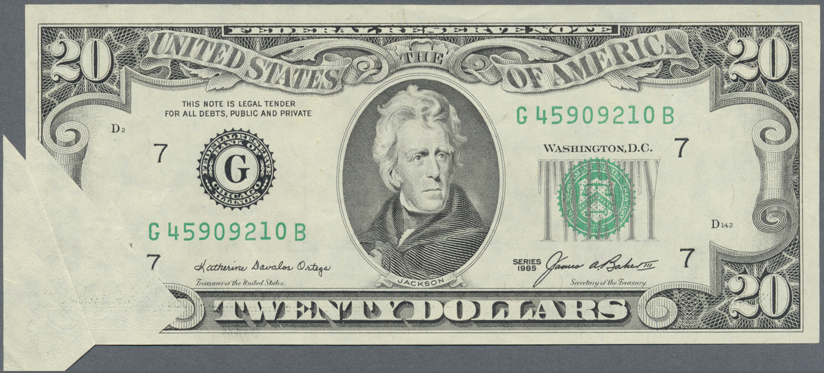 03418 United States Of America: 20 Dollars 1985 P. 477 Error Note, Miscut And Error Printed At Lower Left Corner, Condit - Autres & Non Classés