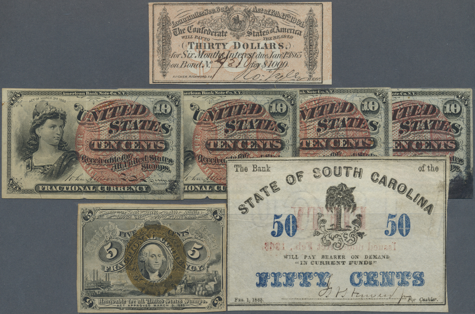 03420 United States Of America: Small Assortment Of 7 Notes Containing 4x 10 Cents Fractional Currency L.1863 (VF To F), - Autres & Non Classés