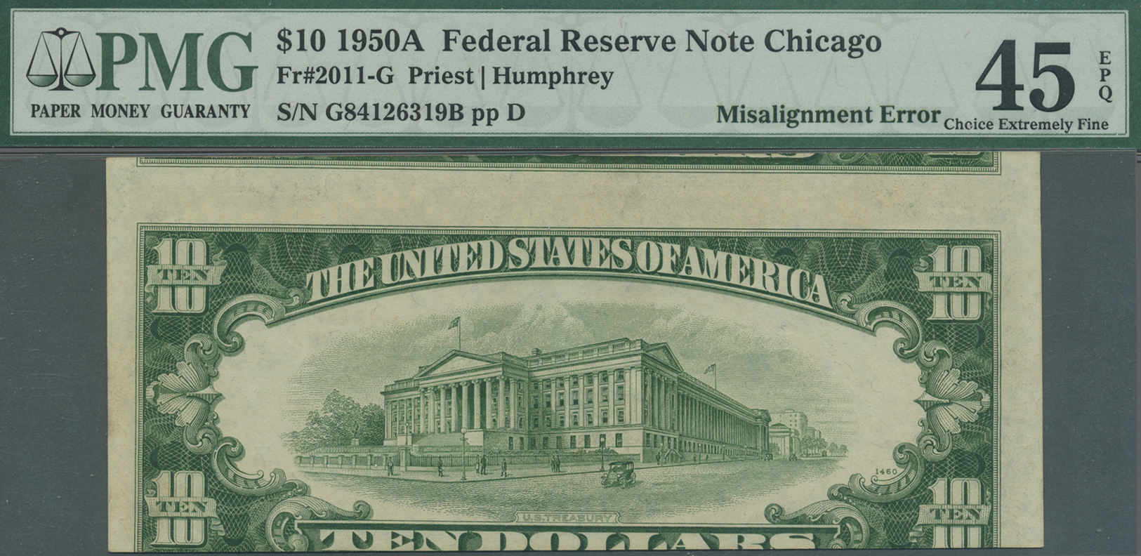 03423 United States Of America: 10 Dollars 1950A Fr#2011-G, Misalignment ERROR On Back, Front Side Correctly Printed, Co - Autres & Non Classés