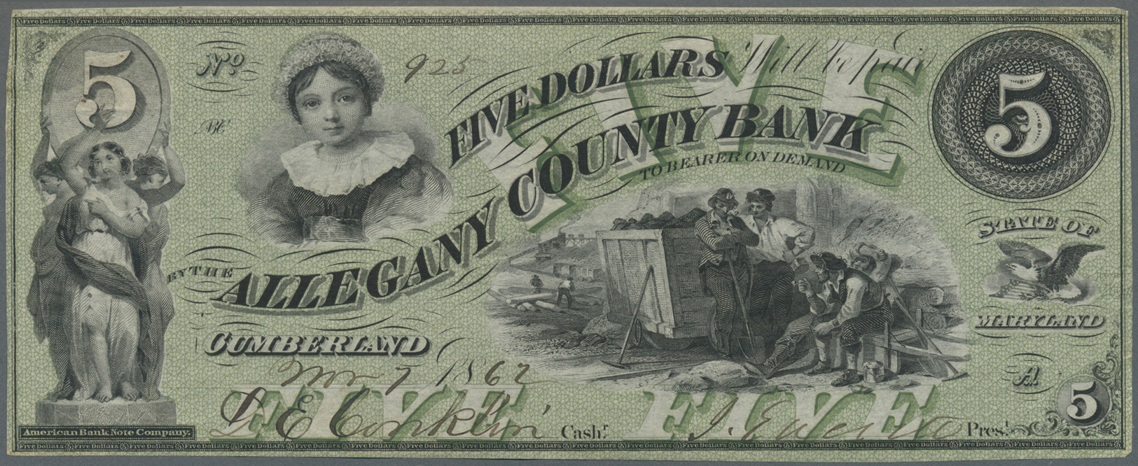 03430 United States Of America: Maryland, Allegany County Bank 5 Dollars 1862, P.NL, Soft Vertical Bend At Center, Some - Autres & Non Classés