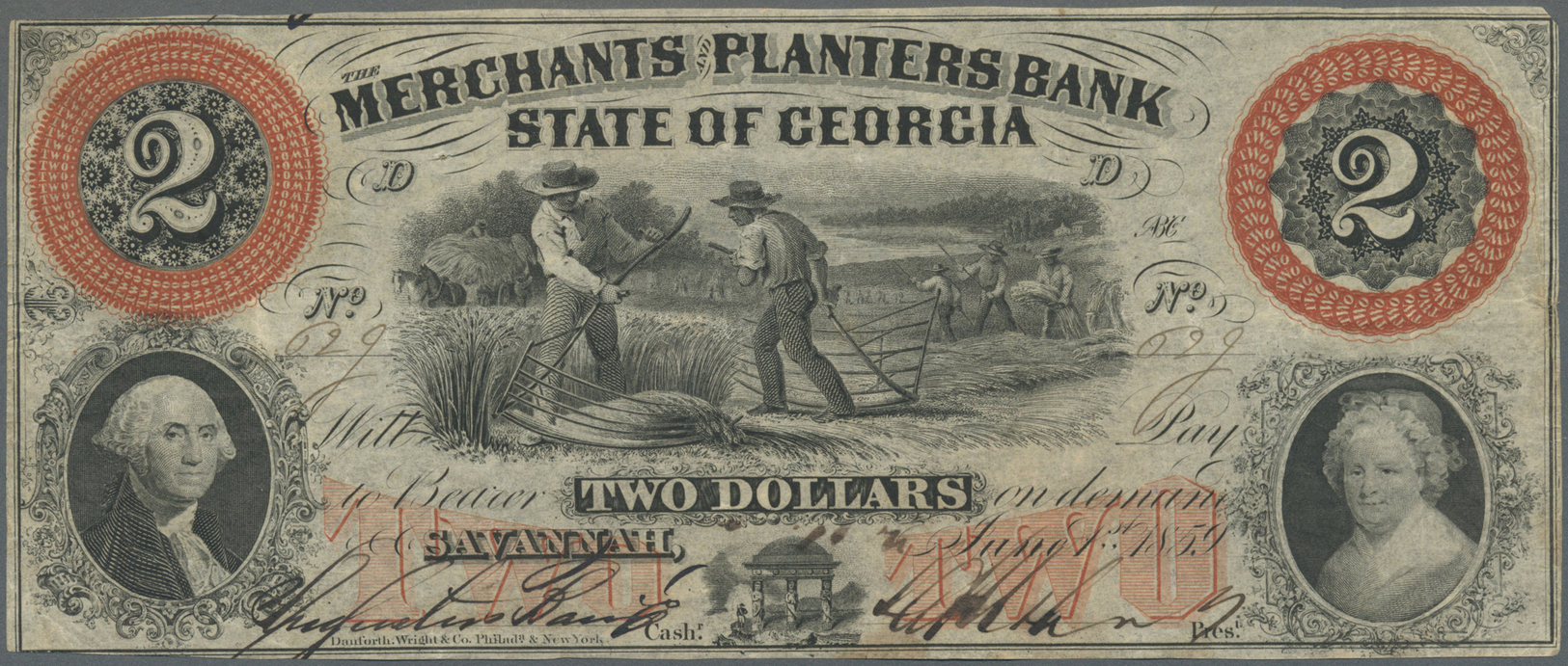 03432 United States Of America: Georgia, The Merchants And Planters Bank 2 Dollars 1859, P.NL, Several Folds And Creases - Autres & Non Classés