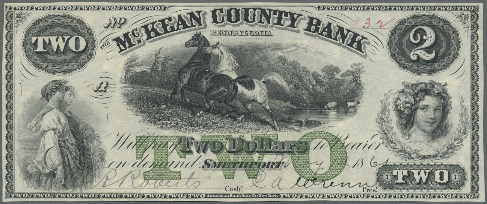 03433 United States Of America: Pennsylvania, The Mc Kean County Bank 2 Dollars 1861, P.NL, Soft Horizontal Bend At Cent - Autres & Non Classés