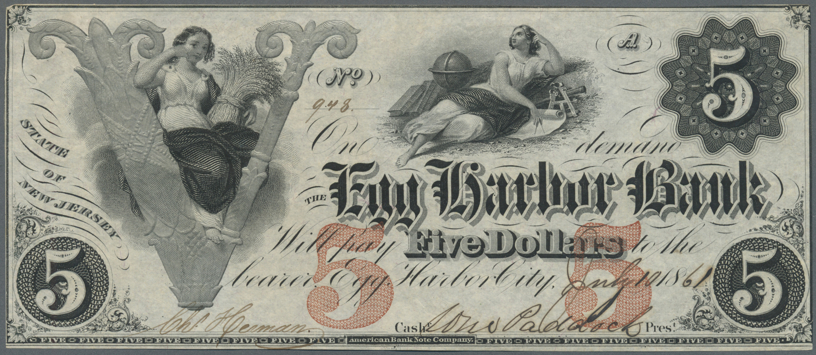 03437 United States Of America: New Jersey, The Egg Harbor Bank 5 Dollars July 10th 1861, Very Nice Condition With A Sof - Autres & Non Classés
