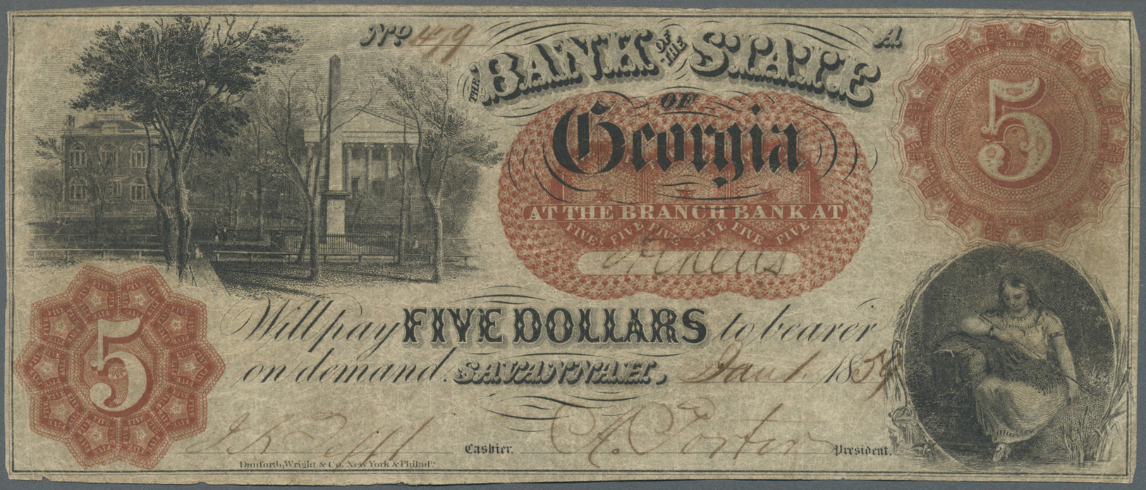 03438 United States Of America: Georgia, Bank Of The State Of Georgia 5 Dollars 1859, P.NL, Yellowed Paper With Several - Autres & Non Classés