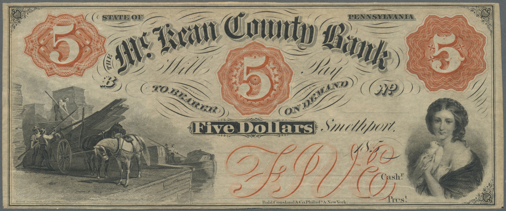 03441 United States Of America: Pennsylvania, The Mc Kean County Bank 5 Dollars 185x Remainder Without Date, Serial And - Autres & Non Classés