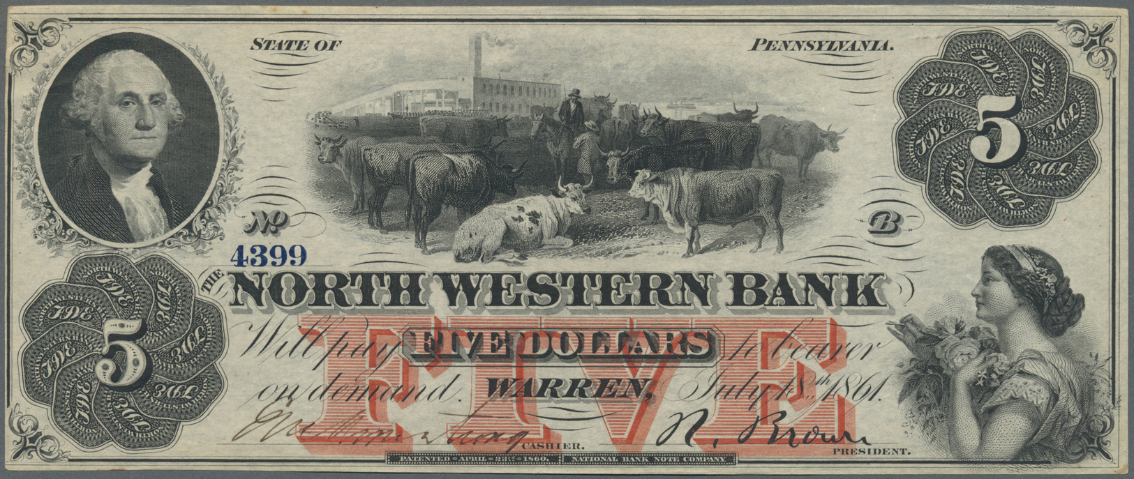 03443 United States Of America: Pennsylvania, The North Western Bank 5 Dollars July 18th 1861, P.NL, Some Minor Creases - Autres & Non Classés