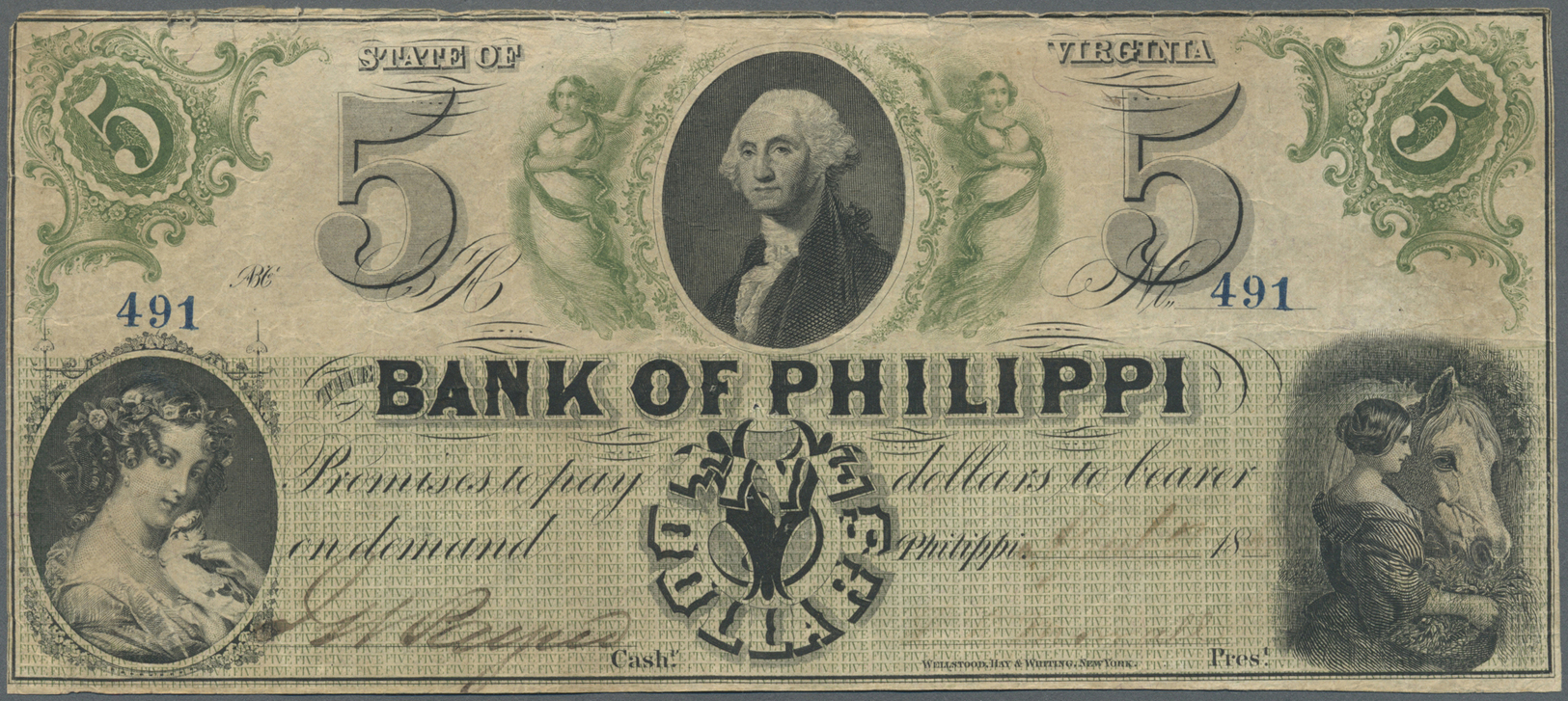 03444 United States Of America: Virginia, Bank Of Philippi 5 Dollars 1850's, P.NL, Yellowed Paper With Several Folds, Ti - Autres & Non Classés