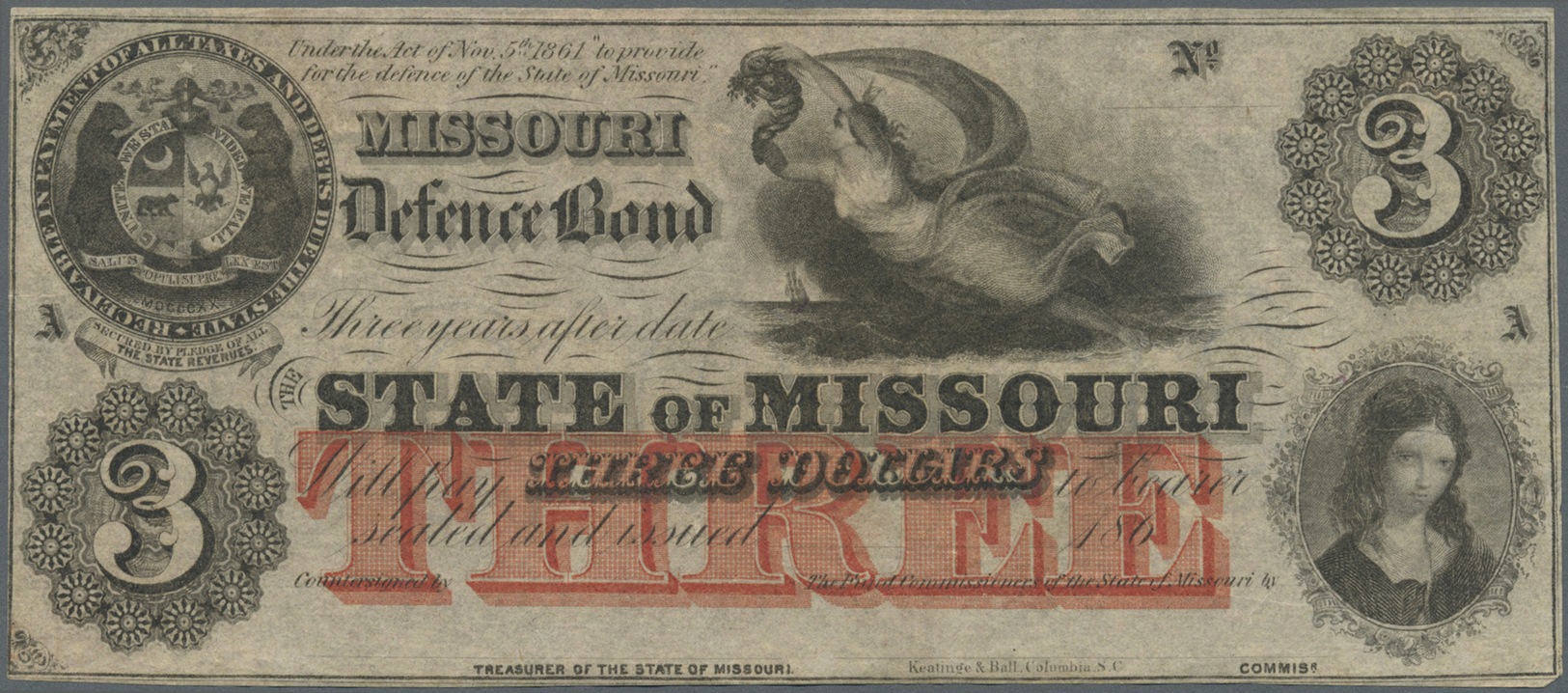 03448 United States Of America: Missouri, 3 Dollars 186x Remainder With Signature And Date, P.NL, Soft Vertical Fold At - Autres & Non Classés