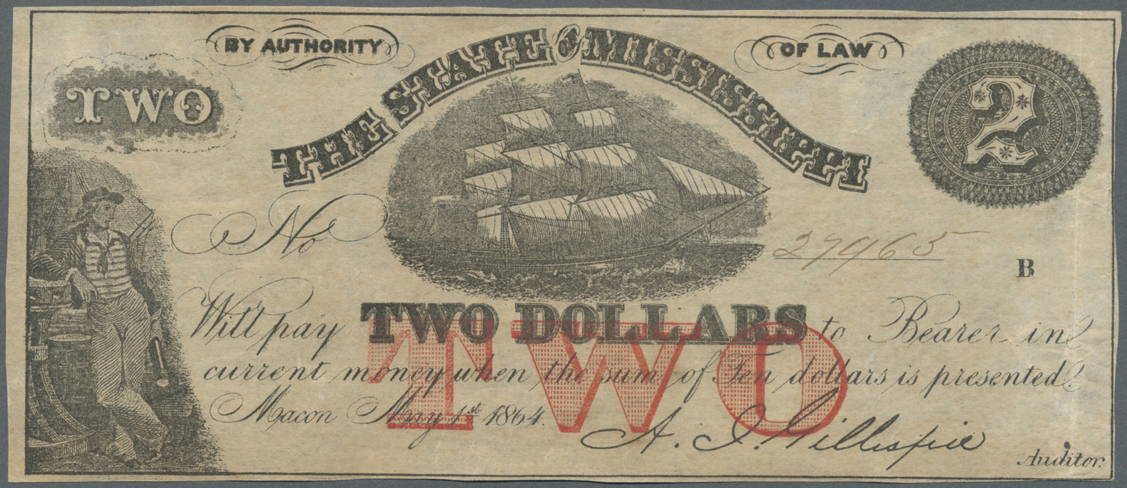 03449 United States Of America: Mississippi, 2 Dollars May 1st 1864, P.NL, Lightly Toned Paper With Several Folds, Trace - Autres & Non Classés