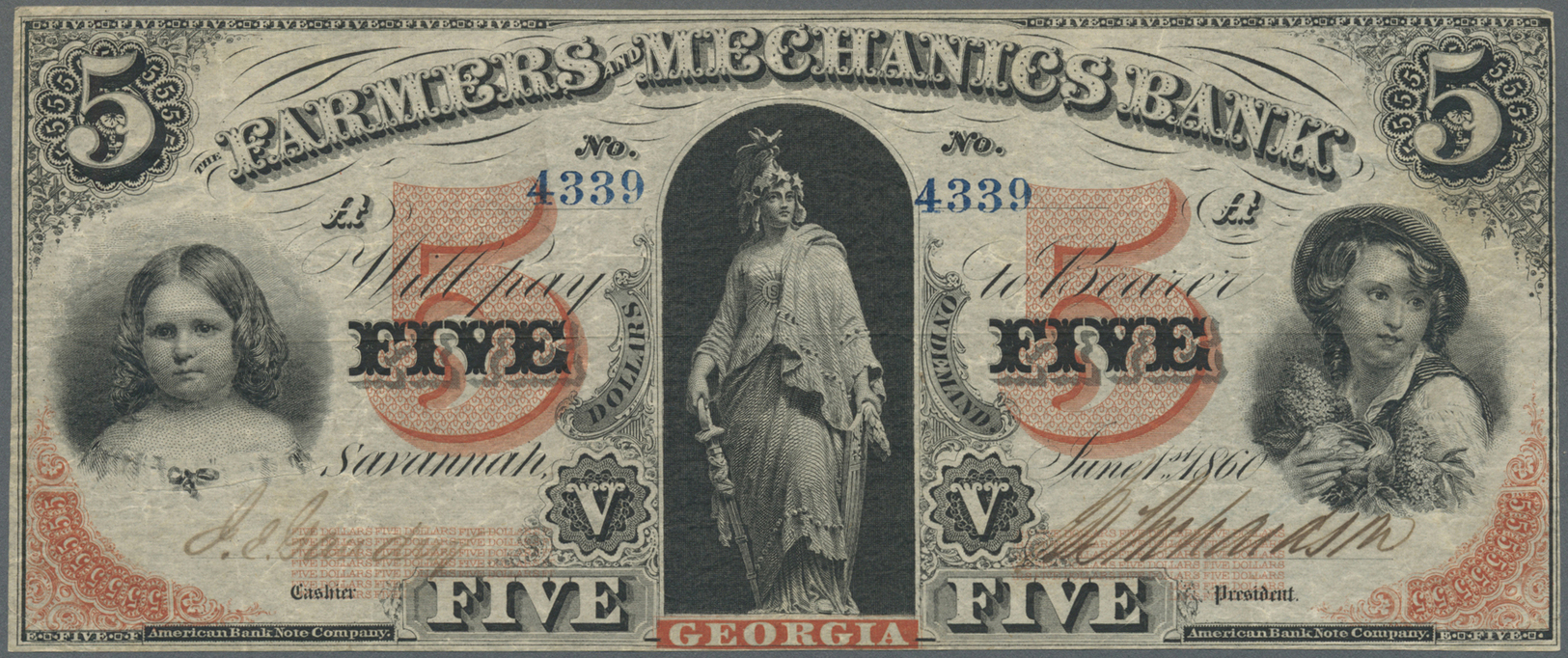 03450 United States Of America: Georgia, The Farmers And Mechanics Bank 5 Dollars June 1st 1860, P.NL, Several Folds And - Autres & Non Classés