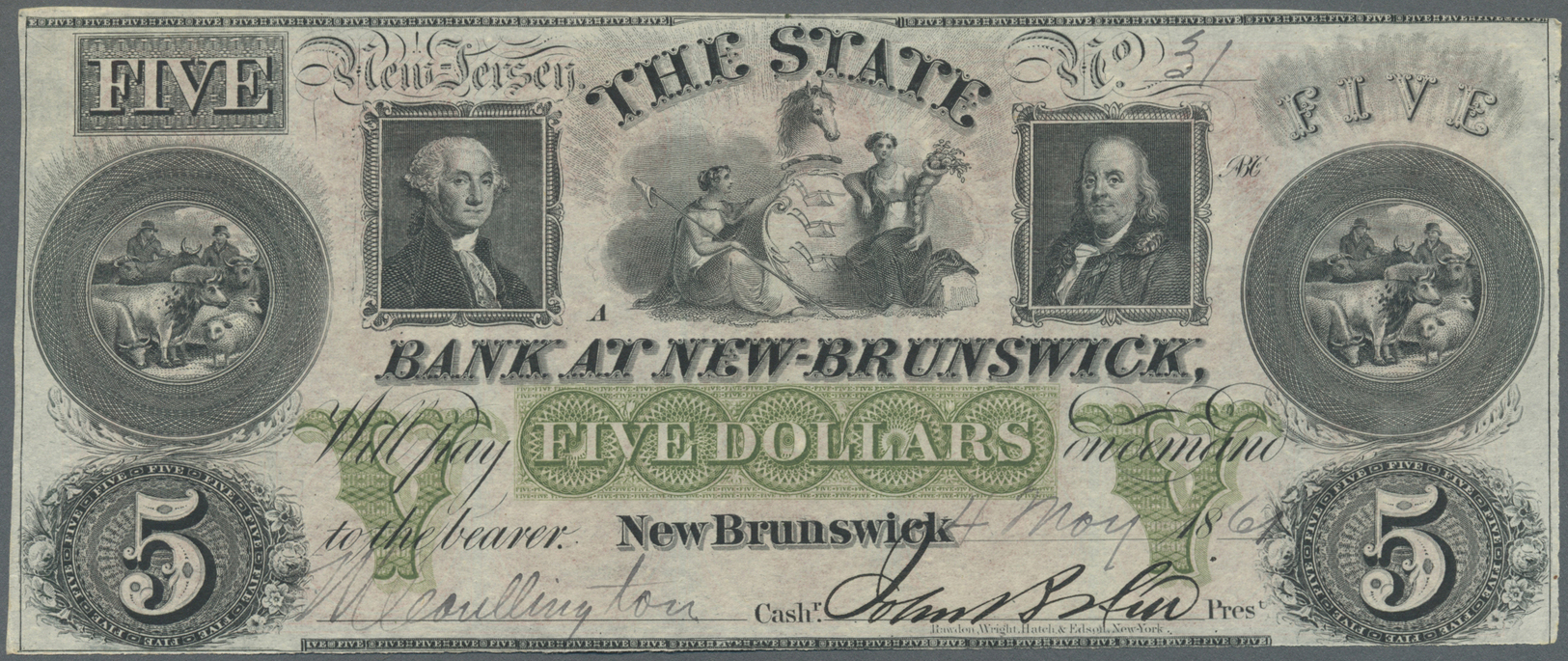 03451 United States Of America: New Jersey, The State Bank At New Brunswick 5 Dollars May 4th 1861, P.NL, Excellent Cond - Autres & Non Classés