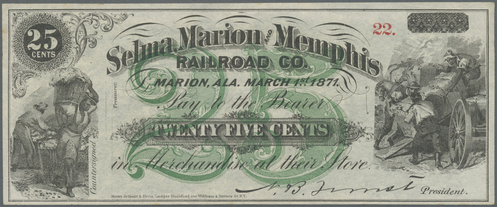 03452 United States Of America: Alabama, Selma Marion And Memphis Railroad Co. 25 Cents 1871, P.NL, Tiny Traces Of Glue - Autres & Non Classés