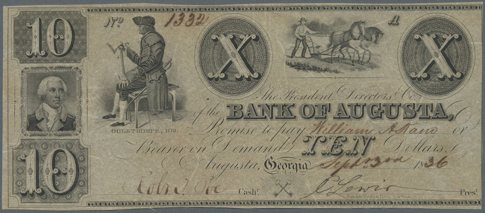03453 United States Of America: Georgia, Bank Of Augusta 10 Dollars September 3rd 1836, P.NL, Lightly Toned Paper With S - Autres & Non Classés