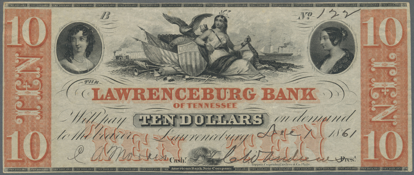 03454 United States Of America: Tennessee, The Lawrenceburg Bank 10 Dollars 1861, P.NL, Soft Vertical Bend At Center And - Autres & Non Classés