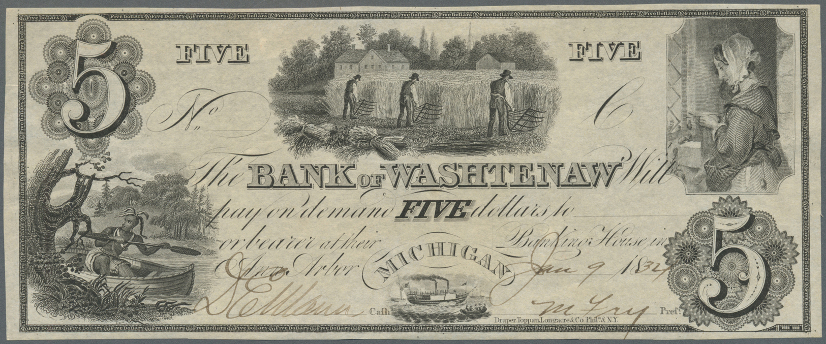 03459 United States Of America: Michigan, The Bank Of Washtenaw 5 Dollars June 9th 1834, P.NL, Soft Vertical Bend At Cen - Autres & Non Classés