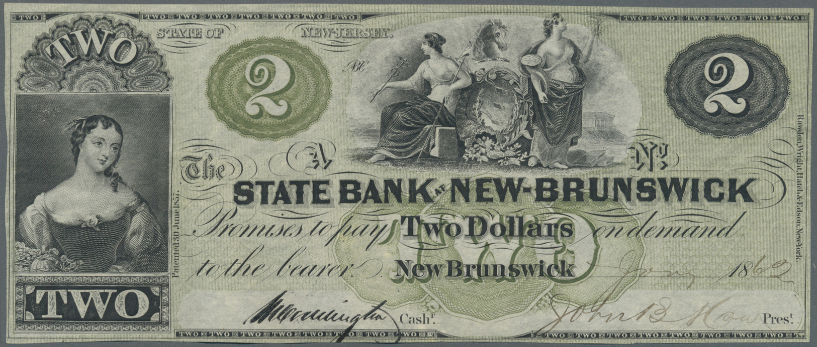 03460 United States Of America: New Jersey, State Bank At New Brunswick 2 Dollars 1862, P.NL, Soft Vertical Folds And Tr - Autres & Non Classés