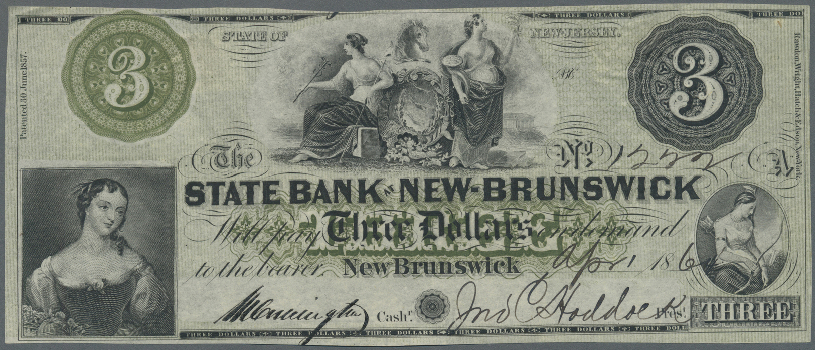 03461 United States Of America: New Jersey, The State Bank At New Brunswick 3 Dollars 1861, P.NL, Tiny Pinholes At Upper - Autres & Non Classés