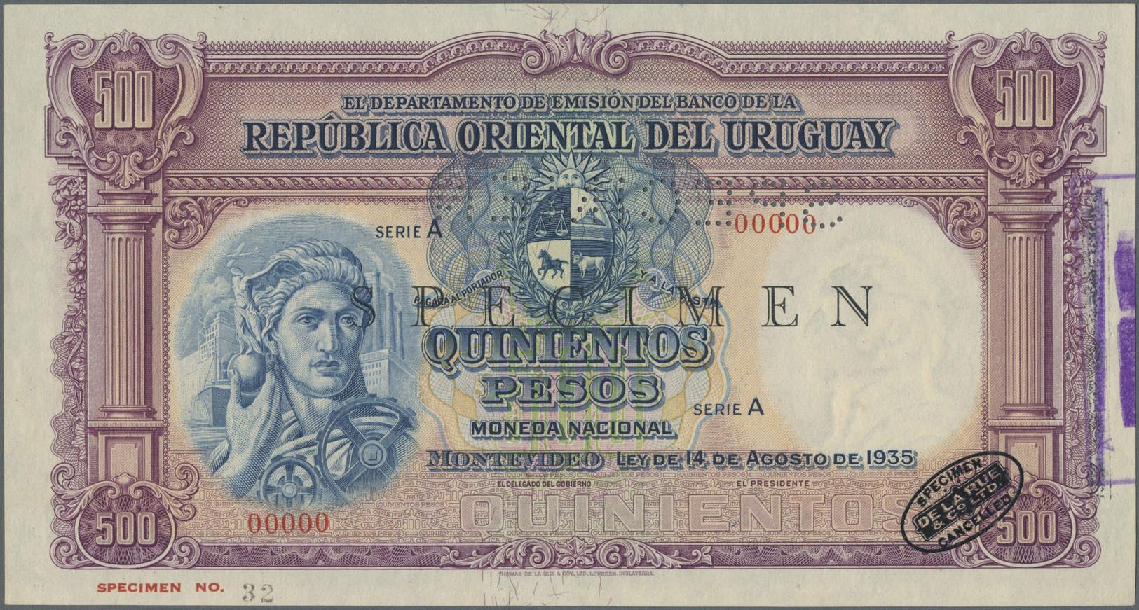 03466 Uruguay: 500 Pesos 1935 Specimen P. 32s With Specimen Perforation, Zero Serial Numbers, In Condition: AUNC. - Uruguay