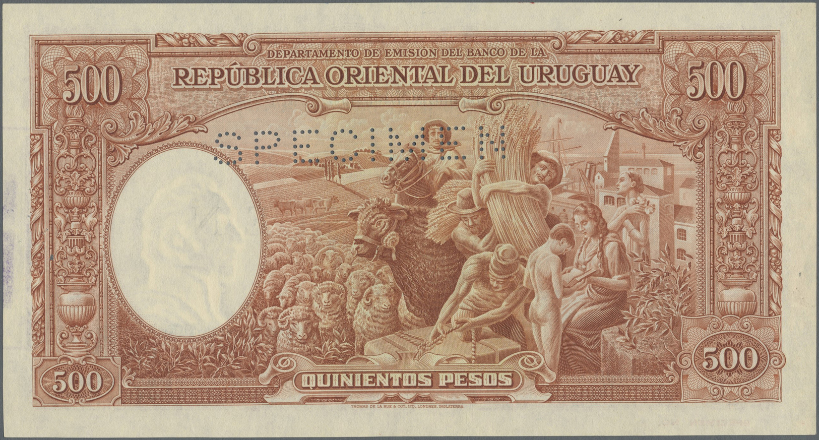 03466 Uruguay: 500 Pesos 1935 Specimen P. 32s With Specimen Perforation, Zero Serial Numbers, In Condition: AUNC. - Uruguay