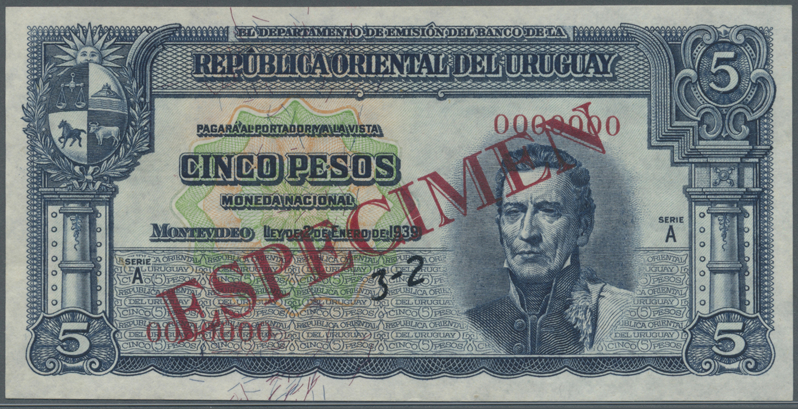 03469 Uruguay: 5 Pesos 1939 Specimen P. 36s, Zero Serial Numbers, Red Specimen Overprint, Condition: UNC. - Uruguay