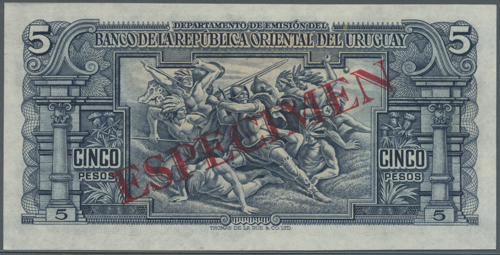 03469 Uruguay: 5 Pesos 1939 Specimen P. 36s, Zero Serial Numbers, Red Specimen Overprint, Condition: UNC. - Uruguay