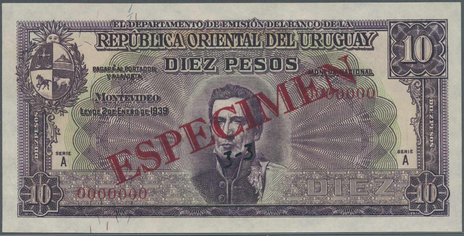 03470 Uruguay: 10 Pesos 1939 Specimen P. 37s, Zero Serial Numbers, Red Specimen Overprint, Condition: UNC. - Uruguay